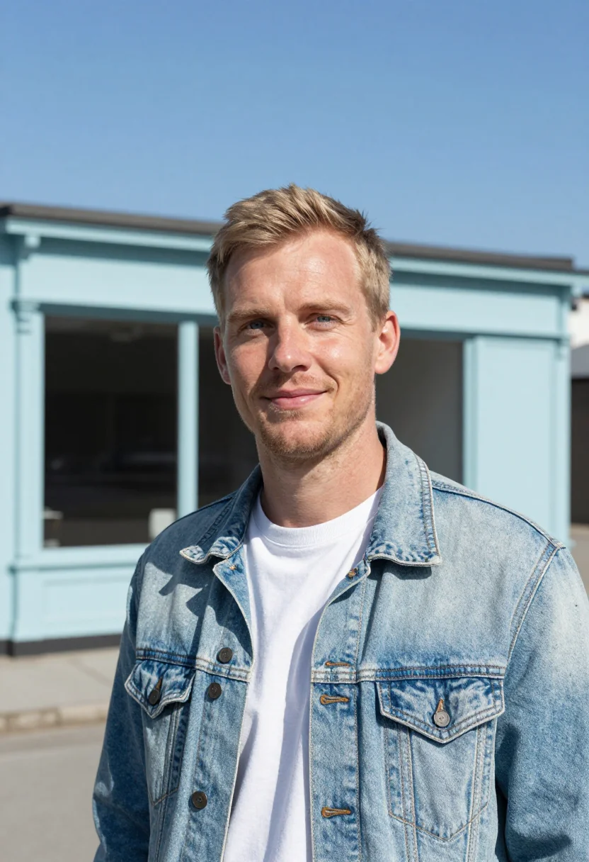AI light wash denim jacket spring profile sample — portrait of a man, a Dutch man with ruddy fair skin, grey-bl