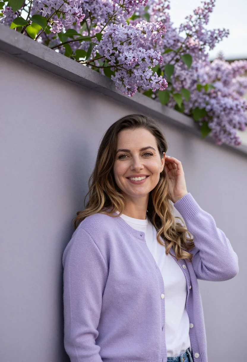 AI lilac cardigan spring profile sample — portrait of a woman, framed chest-up, cropped at the ribs, t