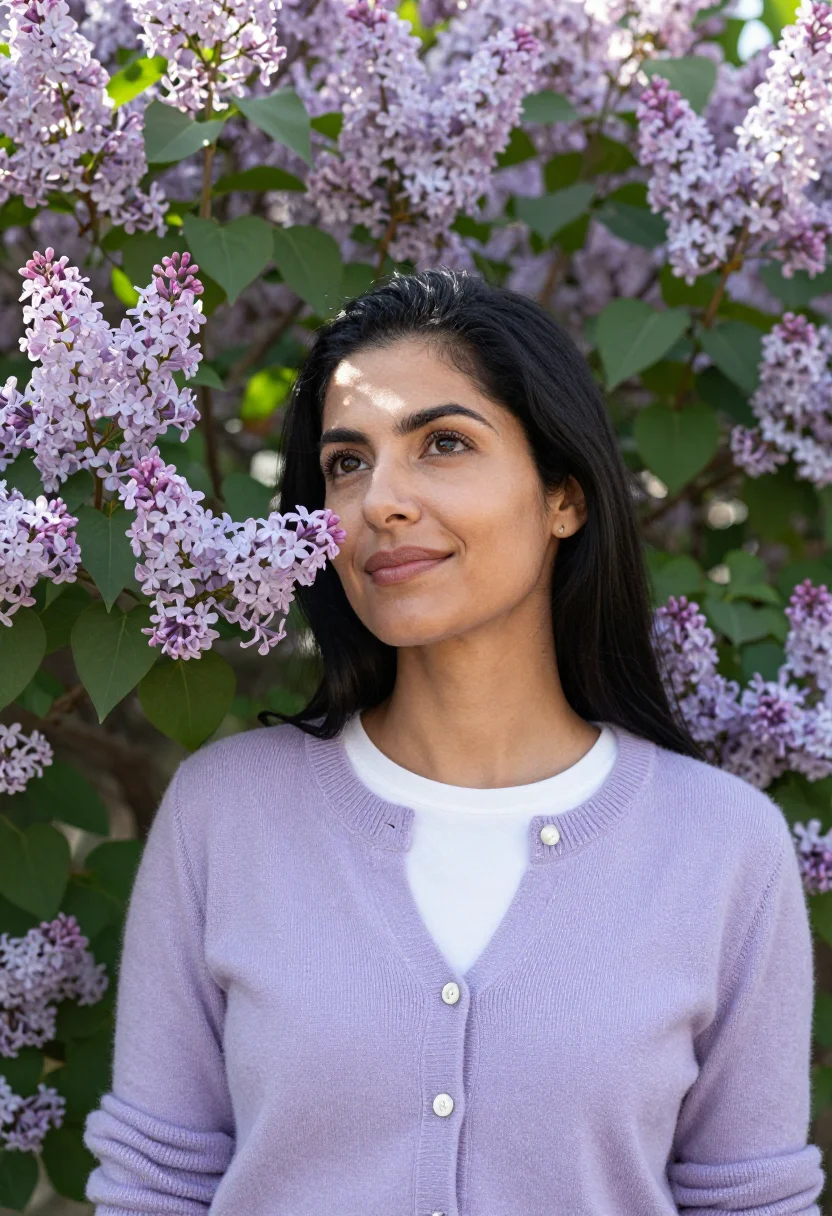 AI lilac cardigan spring profile sample — portrait of a woman, framed tight, head and shoulders, the b