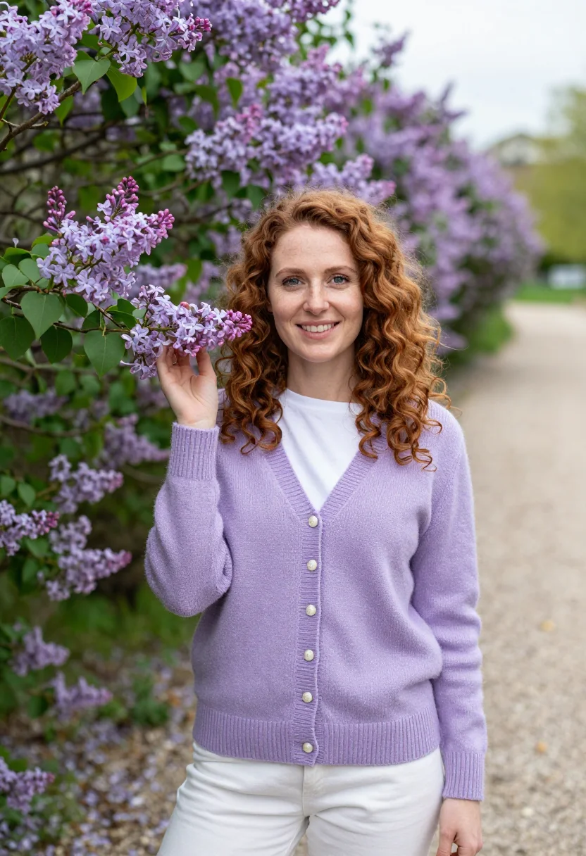 AI lilac cardigan spring profile sample — portrait of a woman, framed chest-up, cropped at the ribs, t