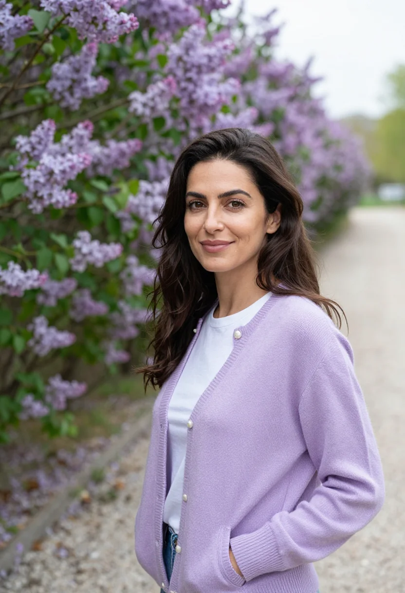 AI lilac cardigan spring profile sample — portrait of a woman, framed tight, head and shoulders, the b