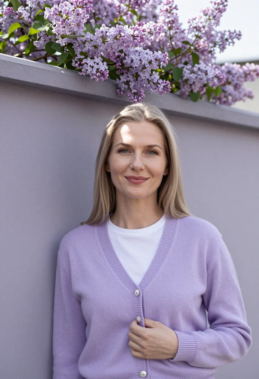 AI lilac cardigan spring profile sample — portrait of a woman, framed tight, head and shoulders, the b