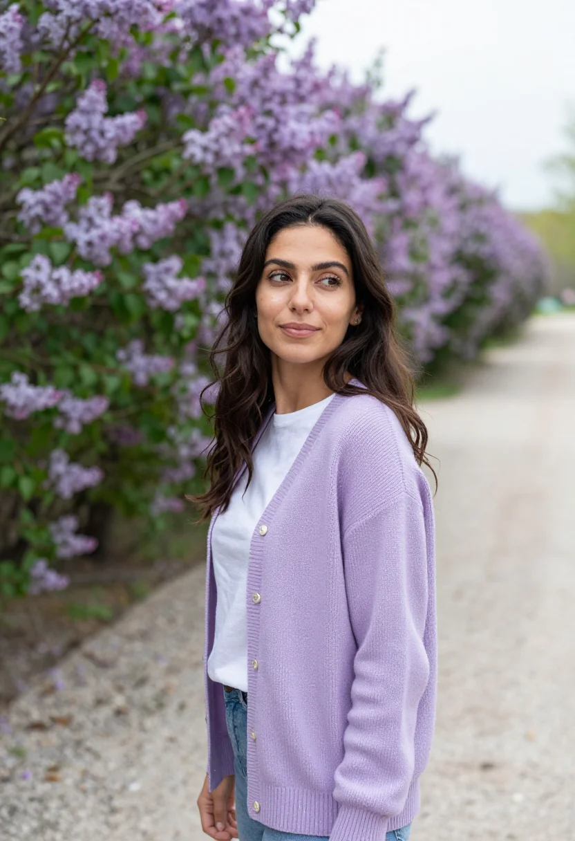 AI lilac cardigan spring profile sample — portrait of a woman, framed half-length from the head to the