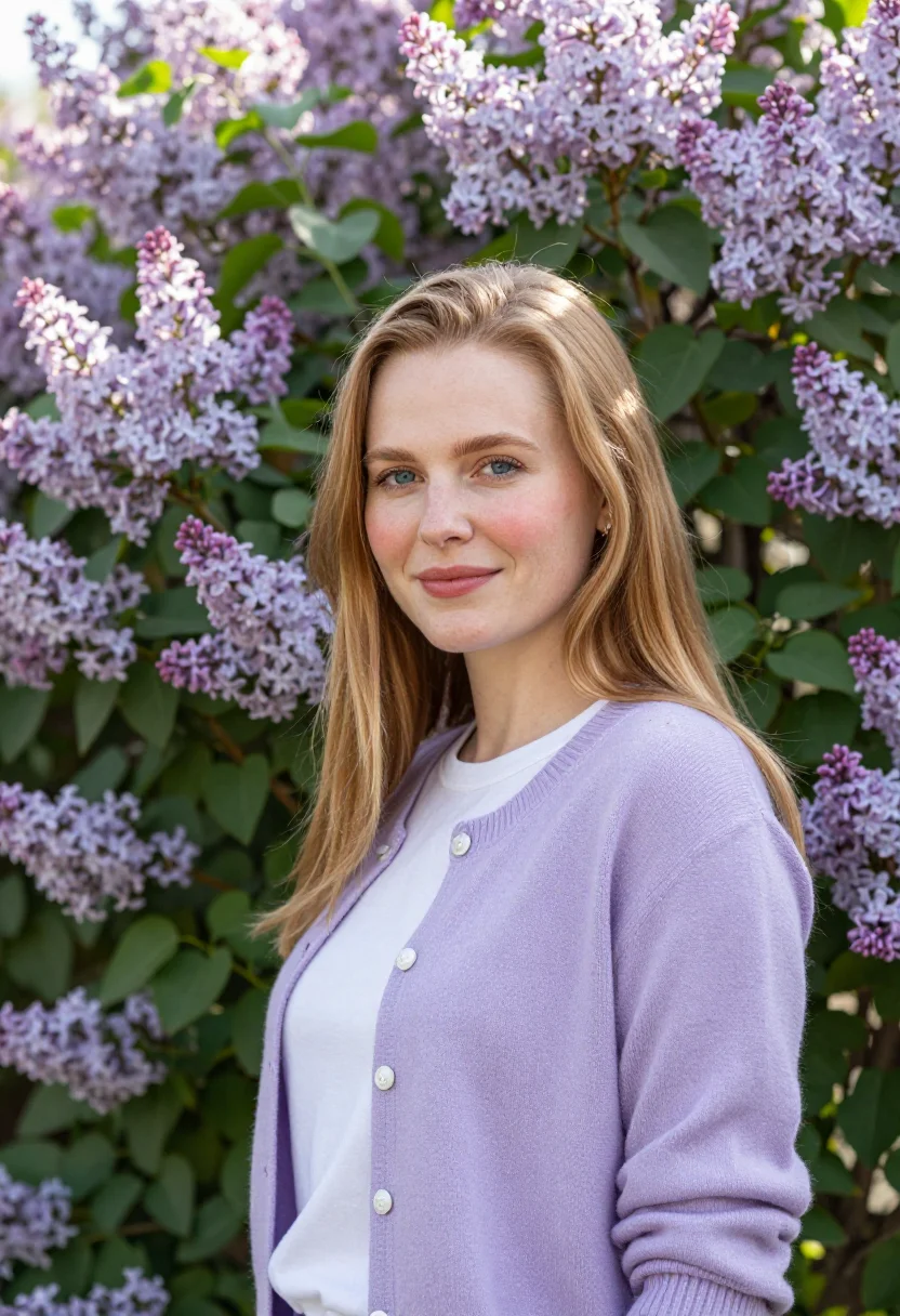 AI lilac cardigan spring profile sample — portrait of a woman, framed chest-up, cropped at the ribs, t