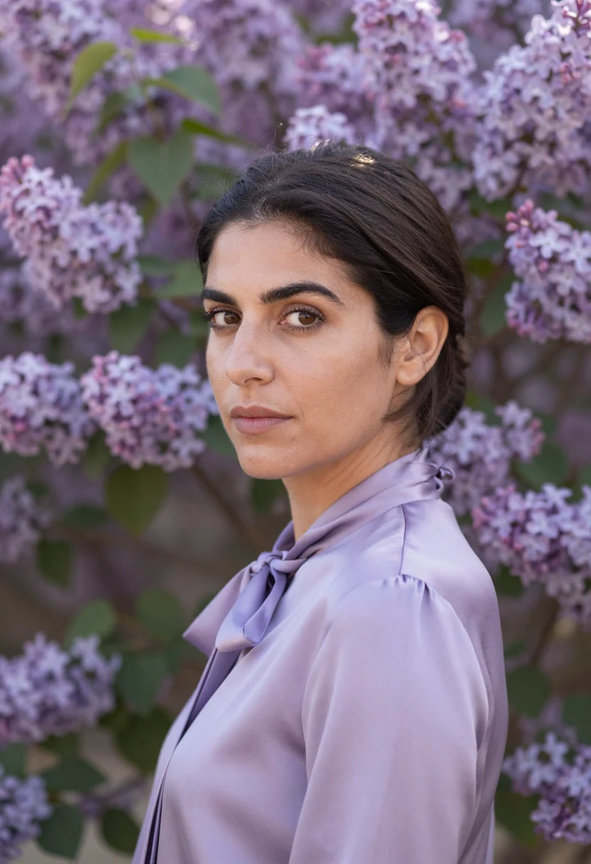 AI lilac silk blouse spring headshot sample — portrait of a woman, framed close, head and shoulders from a