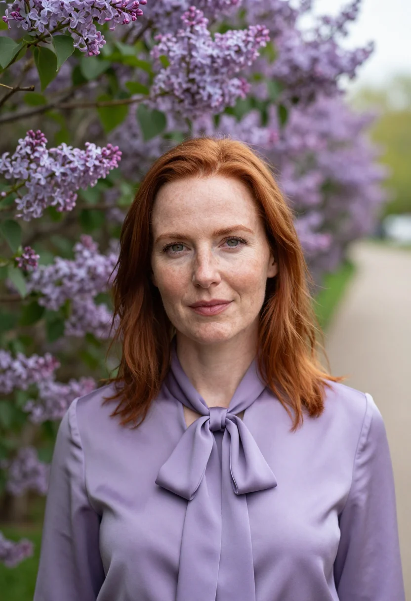 AI lilac silk blouse spring headshot sample — portrait of a woman, framed tight, head and shoulders, the b