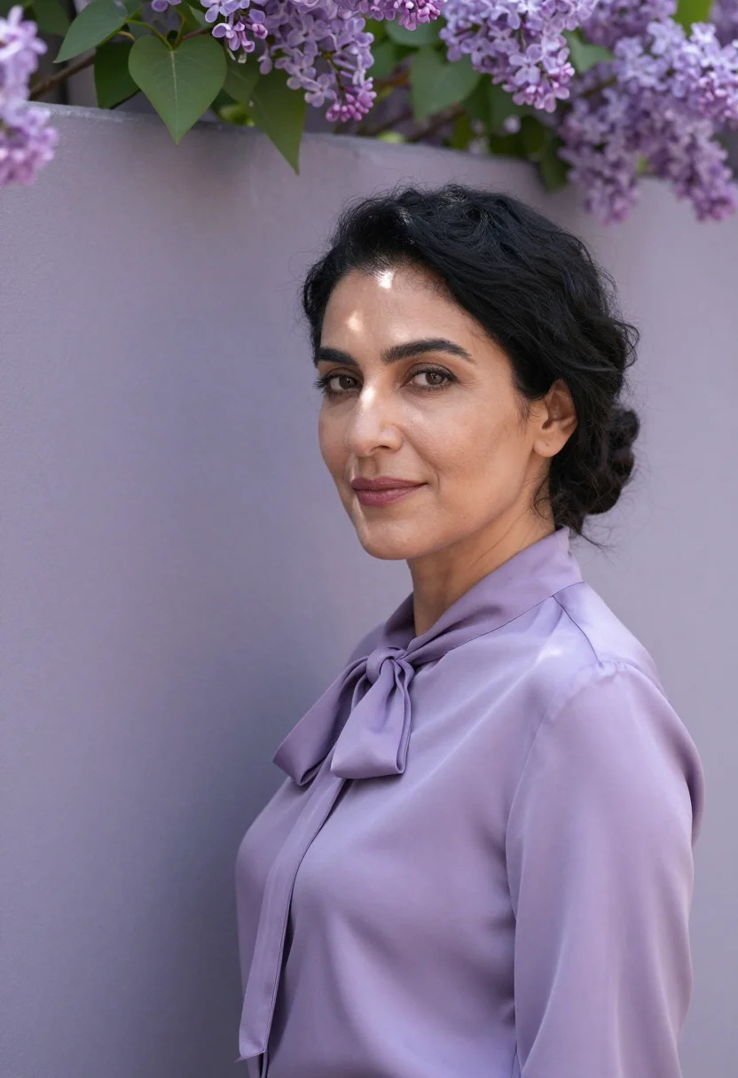AI lilac silk blouse spring headshot sample — portrait of a woman, framed chest-up with more of the wall a