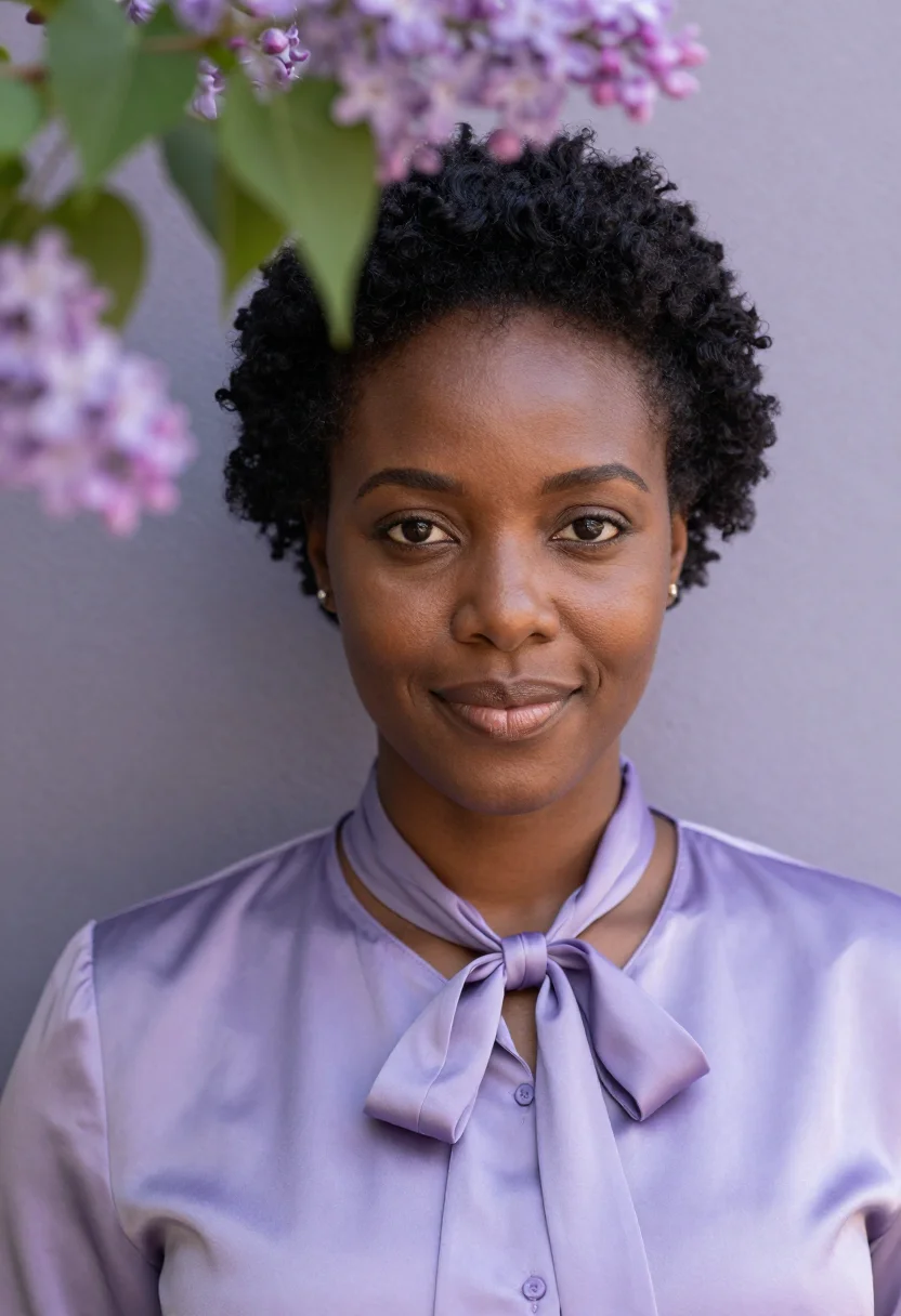 AI lilac silk blouse spring headshot sample — portrait of a woman, framed tight, head and shoulders, the b