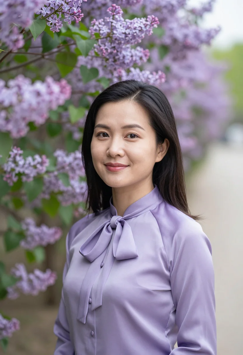 AI lilac silk blouse spring headshot sample — portrait of a woman, framed chest-up, the frame cutting acro