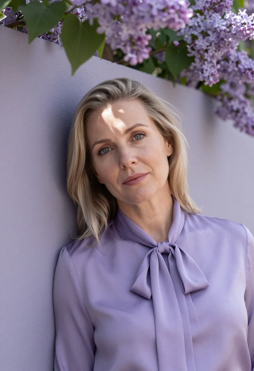 AI lilac silk blouse spring headshot sample — portrait of a woman, framed chest-up, the frame cutting acro