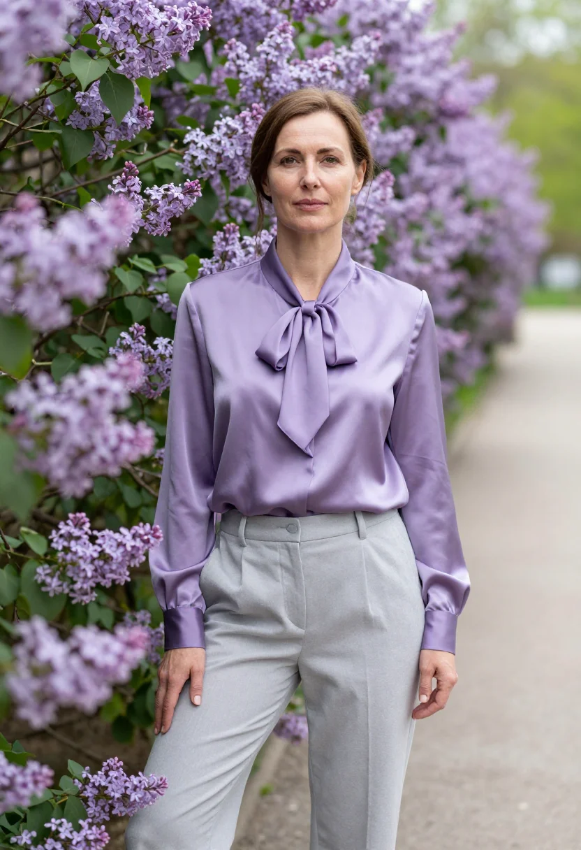 AI lilac silk blouse spring headshot sample — portrait of a woman, framed half-length, head to waist, the