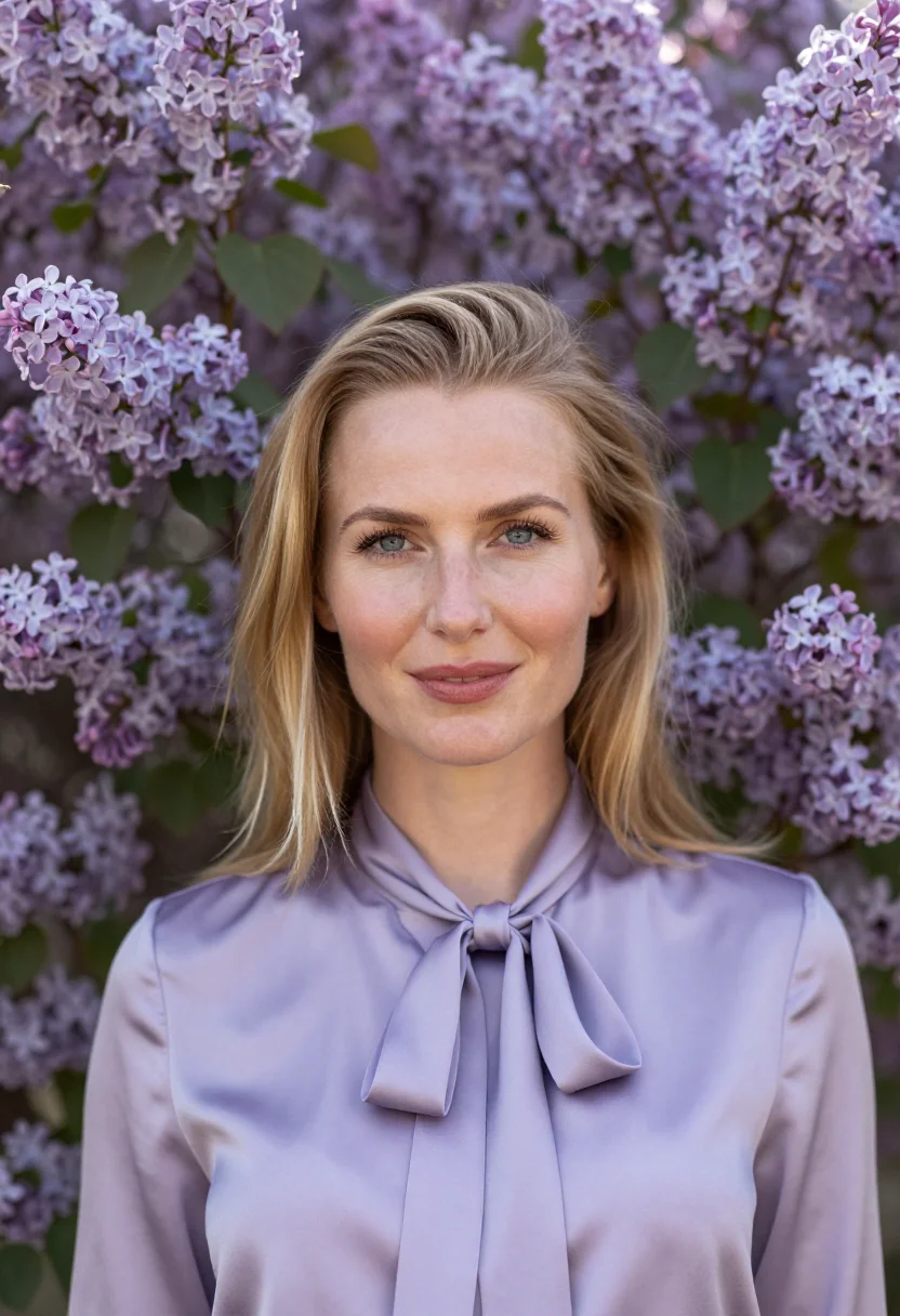 AI lilac silk blouse spring headshot sample — portrait of a woman, framed chest-up, the frame cutting acro