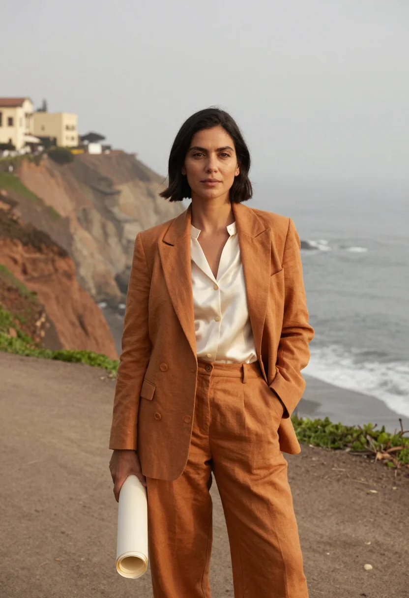 AI lima barranco architect ochre cliff sea sample — portrait of a woman, a Peruvian architect in her mid-forties