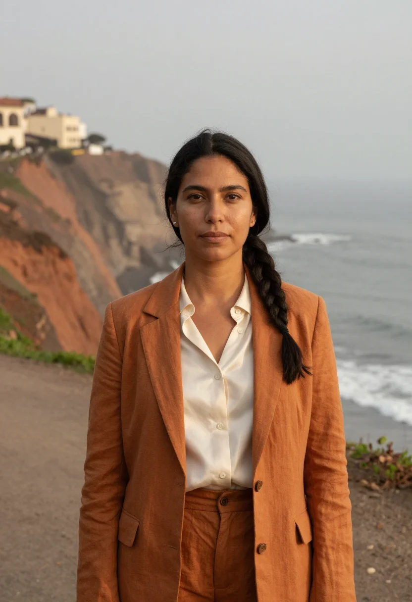 AI lima barranco architect ochre cliff sea sample — portrait of a woman, an Andean Peruvian architect in her mid