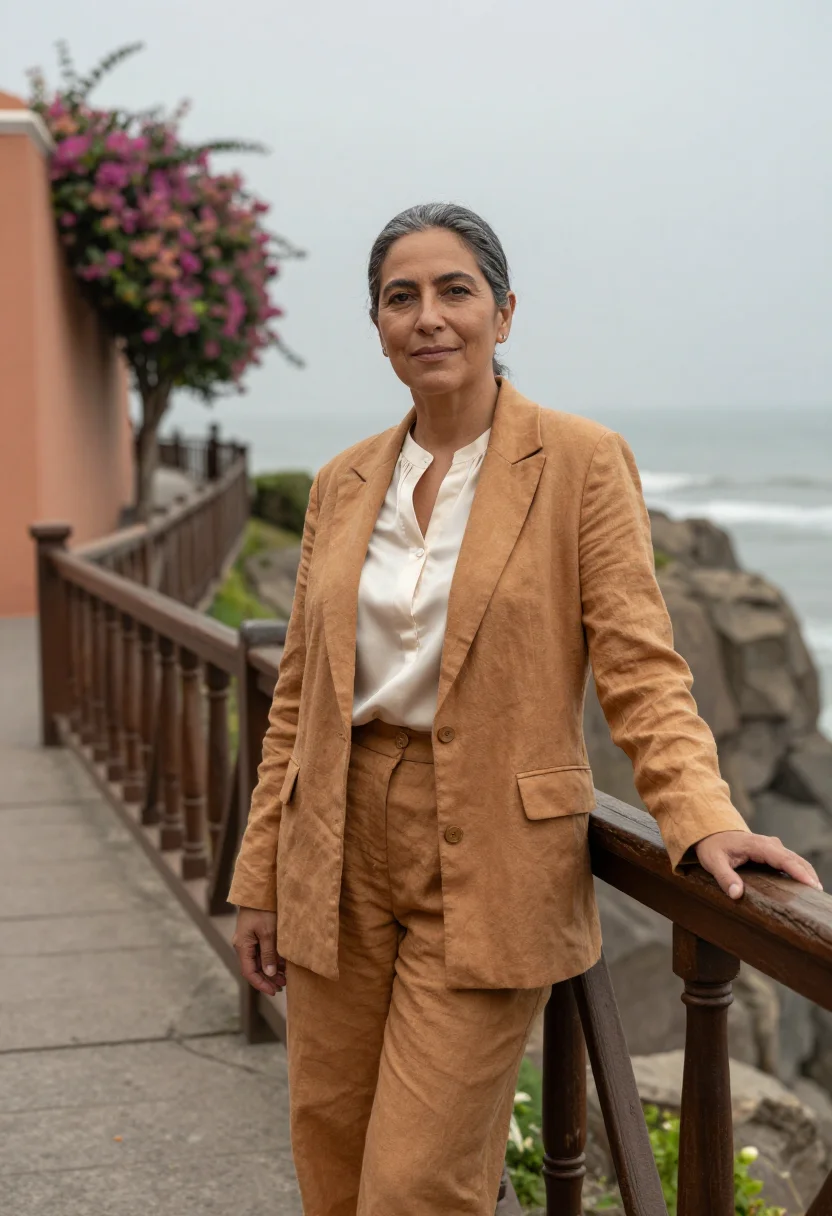 AI lima barranco architect ochre cliff sea sample — portrait of a woman, a Peruvian architect in her early fifti