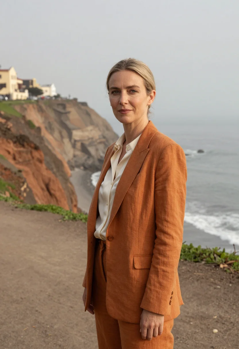 AI lima barranco architect ochre cliff sea sample — portrait of a woman, a French architect in her early forties