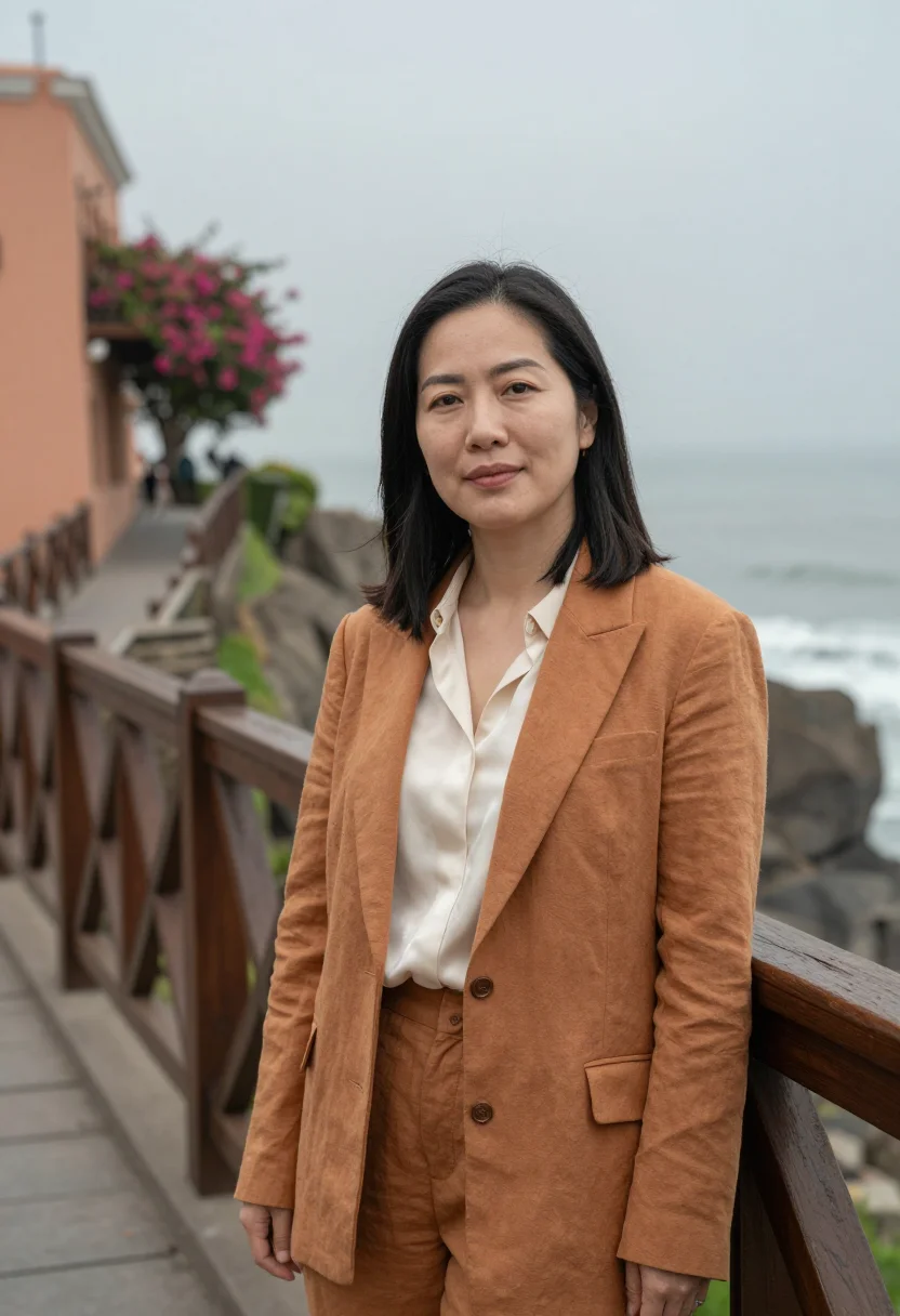 AI lima barranco architect ochre cliff sea sample — portrait of a woman, a Japanese-Peruvian architect in her ea