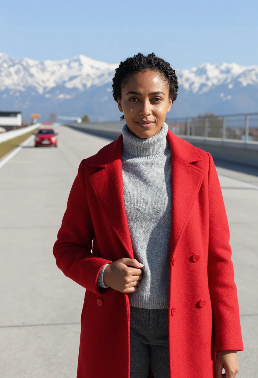 AI lingotto automotive engineer rooftop track red sample — portrait of a woman, in her late twenties, of Eritrean-Itali