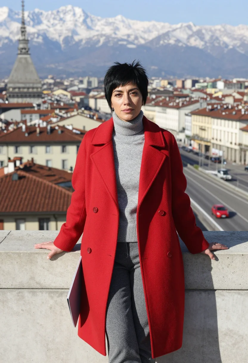 AI lingotto automotive engineer rooftop track red sample — portrait of a woman, in her mid-forties, with warm olive ski