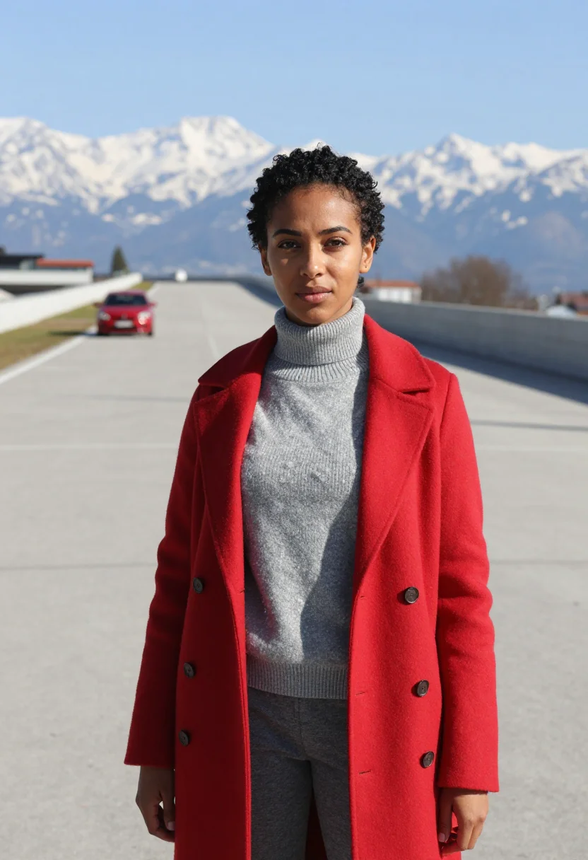AI lingotto automotive engineer rooftop track red sample — portrait of a woman, in her late twenties, of Eritrean-Itali