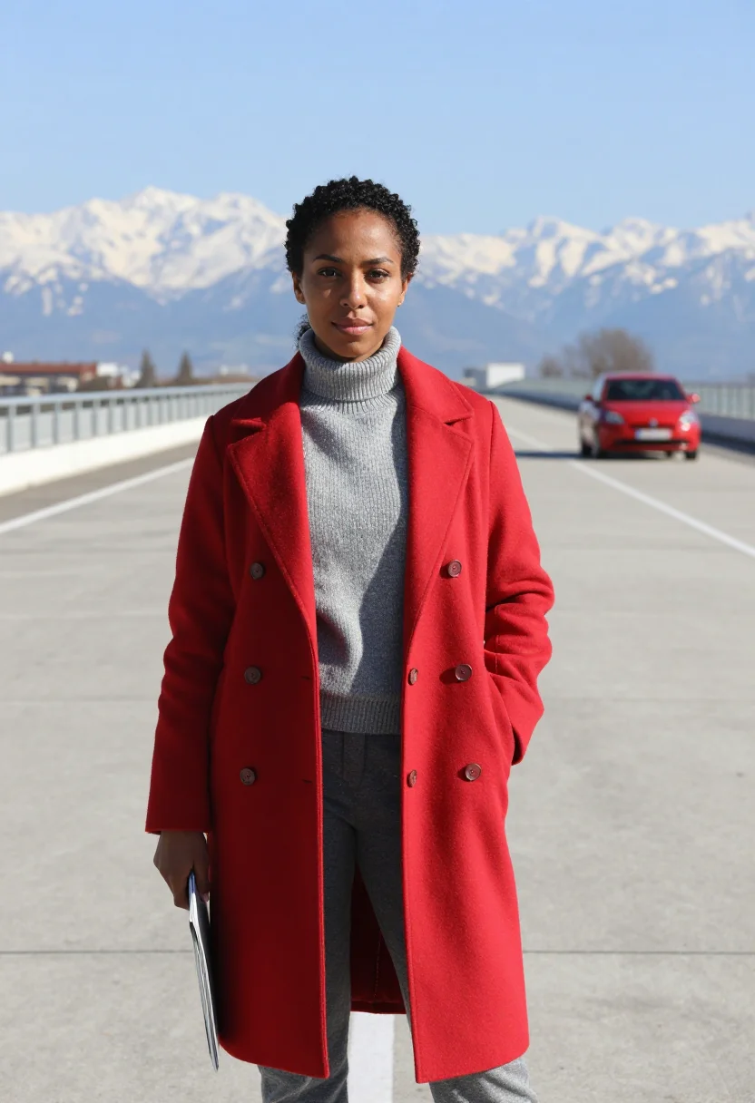 AI lingotto automotive engineer rooftop track red sample — portrait of a woman, in her late twenties, of Eritrean-Itali