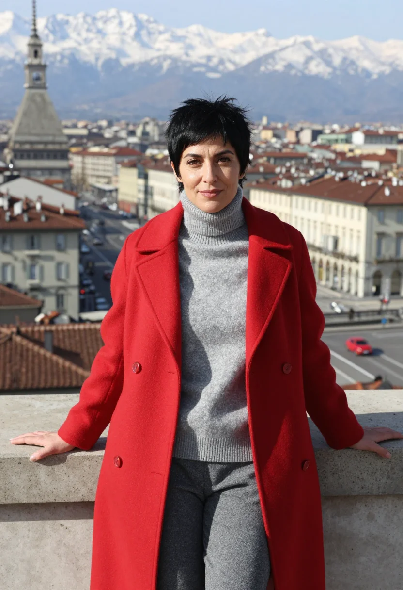 AI lingotto automotive engineer rooftop track red sample — portrait of a woman, in her mid-forties, with warm olive ski