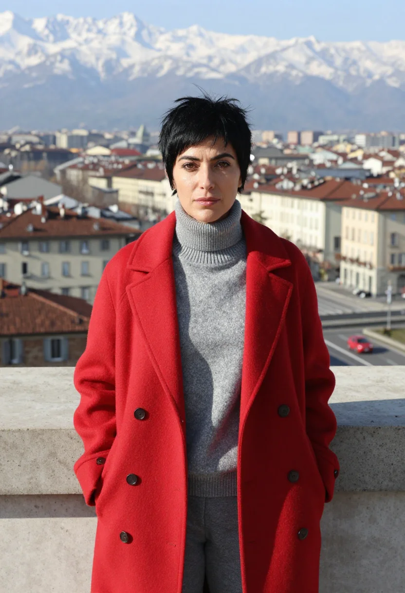 AI lingotto automotive engineer rooftop track red sample — portrait of a woman, in her mid-forties, with warm olive ski