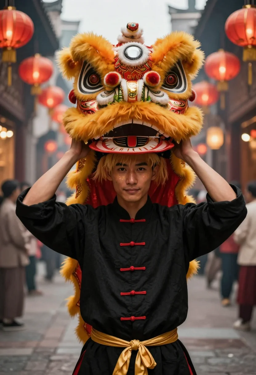 AI lion dance sample — portrait of a man, chest-up near-frontal portrait of a South