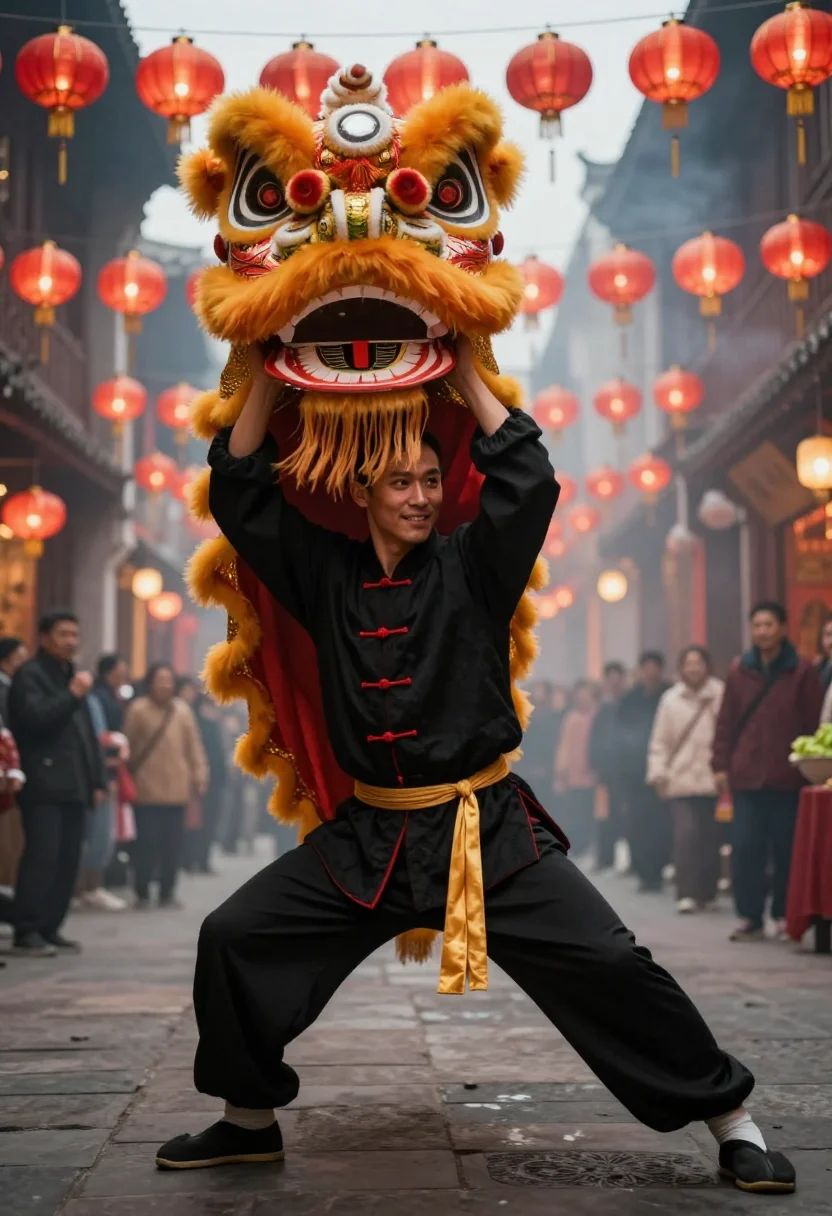 AI lion dance sample — portrait of a man, full-length low-angle portrait of a South