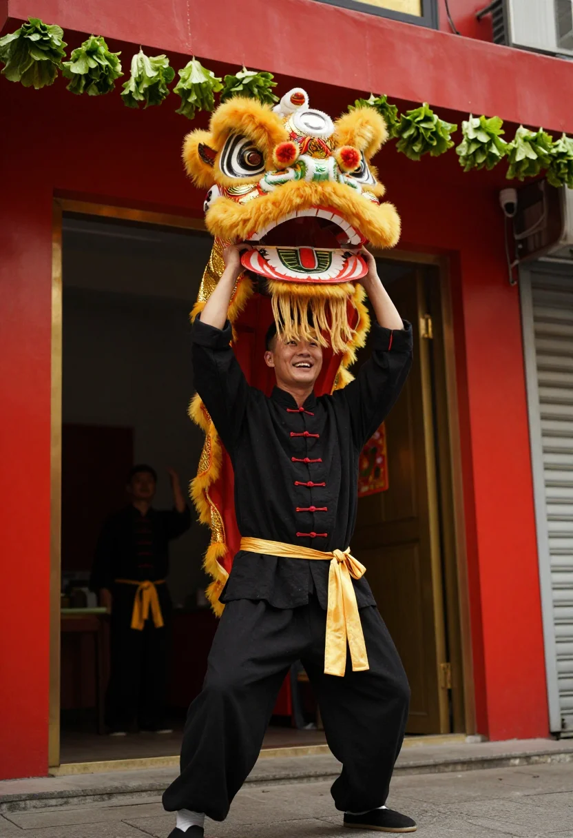 AI lion dance sample — portrait of a man, low-angle three-quarter-length portrait o