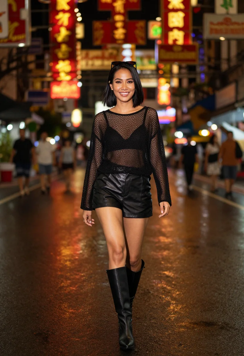 AI lisa rockstar bangkok sample — photograph of a woman, full-length walking portrait of a Tha