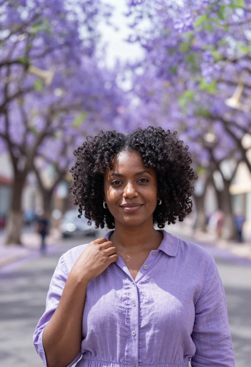 AI lisbon jacaranda may violet sample — portrait of a woman, a founder in her early thirties of Cape