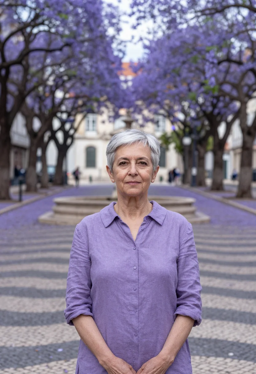 AI lisbon jacaranda may violet sample — portrait of a woman, a founder in her early sixties of Lisbo
