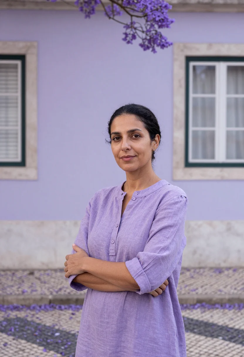 AI lisbon jacaranda may violet sample — portrait of a woman, a founder in her mid-forties of Goan-Po