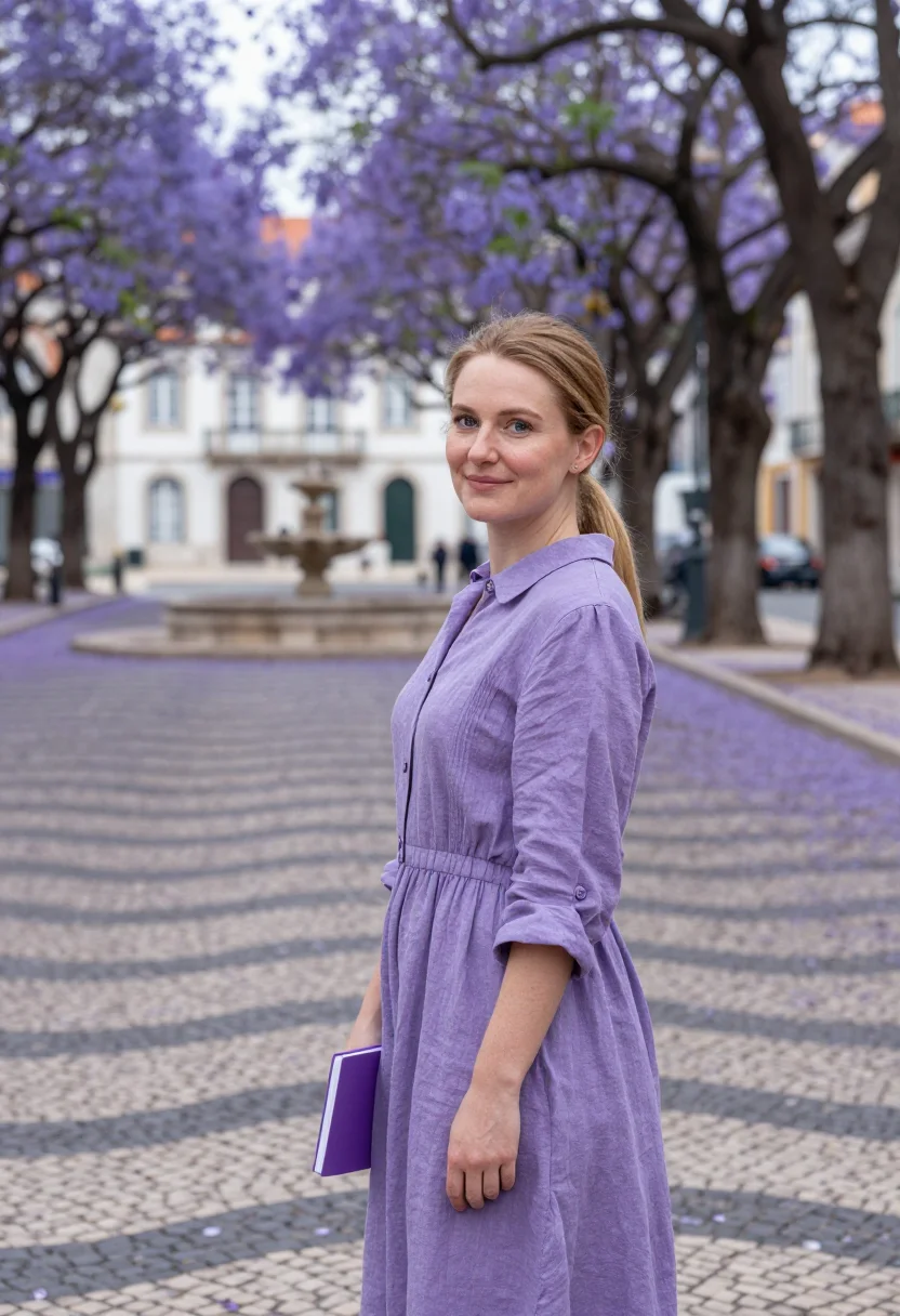 AI lisbon jacaranda may violet sample — portrait of a woman, a founder in her early thirties of Fren