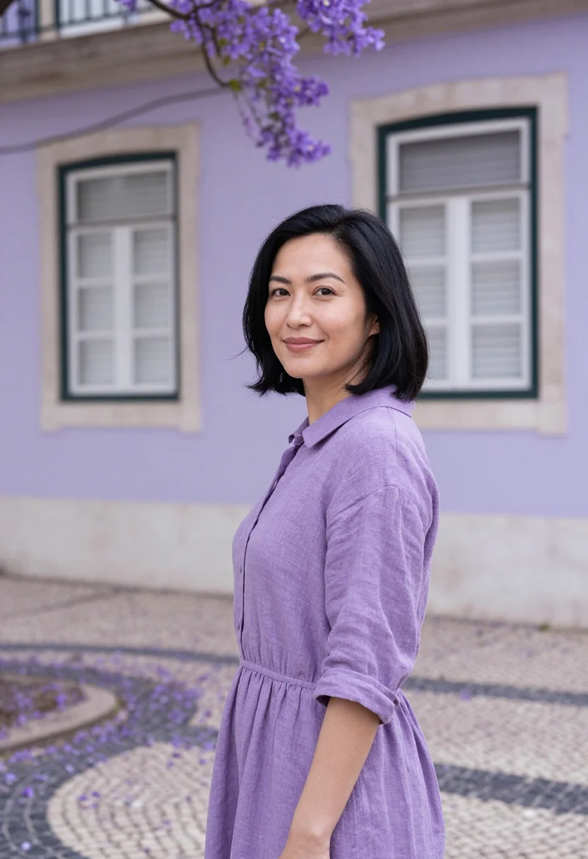 AI lisbon jacaranda may violet sample — portrait of a woman, a founder in her late thirties of Macan