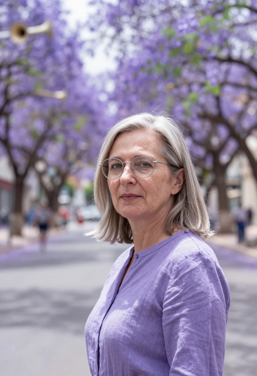 AI lisbon jacaranda may violet sample — portrait of a woman, a founder in her mid-fifties of Azorean