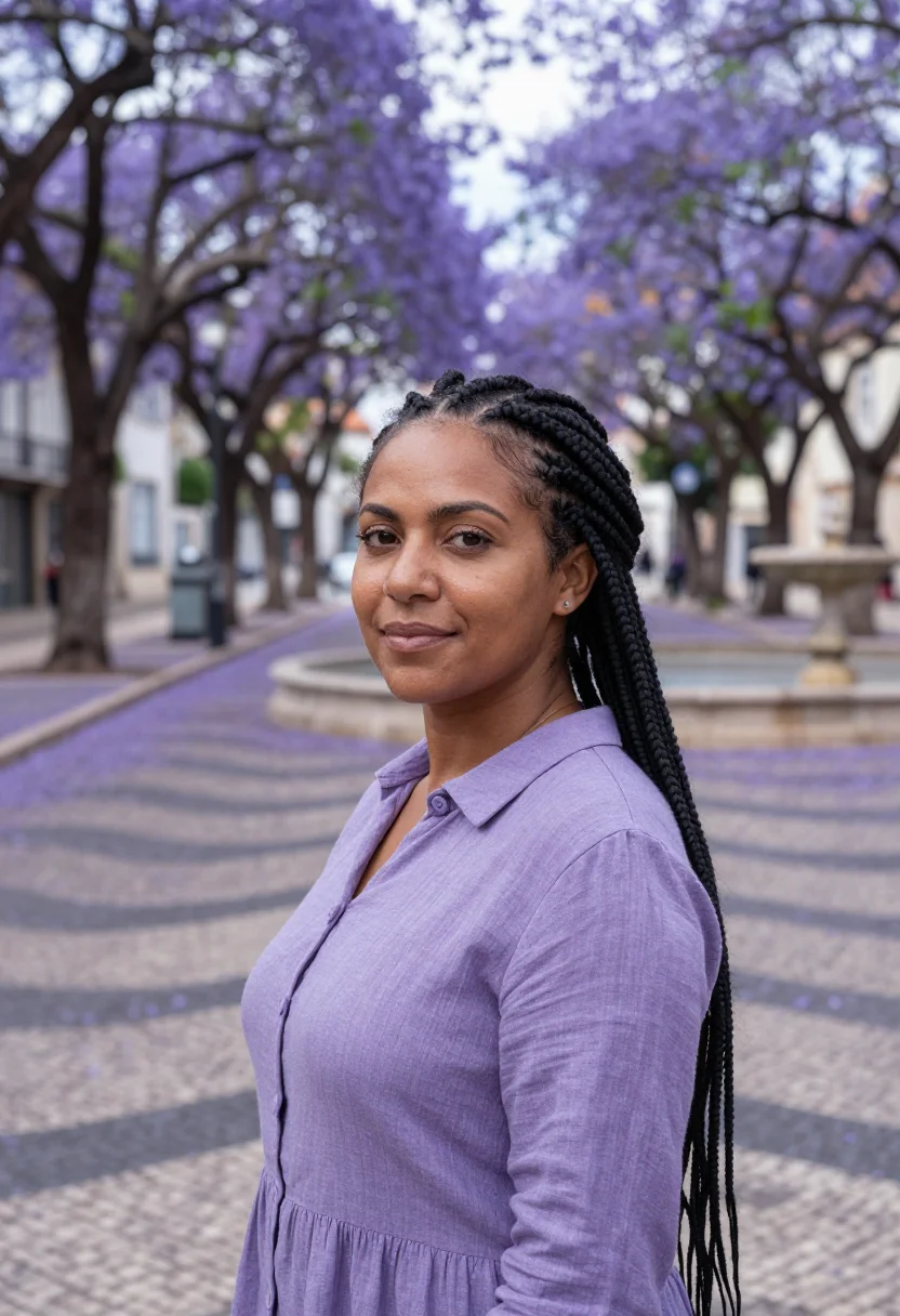 AI lisbon jacaranda may violet sample — portrait of a woman, a founder in her early forties of Angol