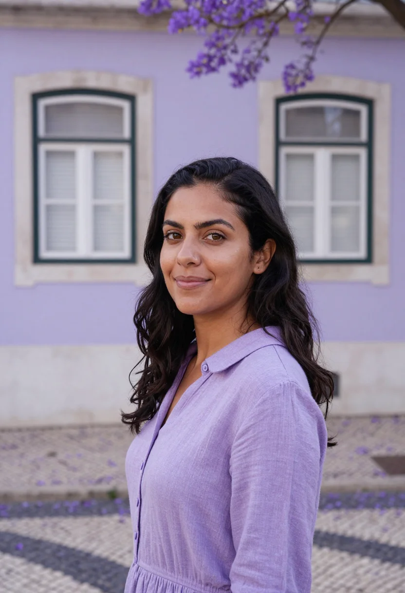 AI lisbon jacaranda may violet sample — portrait of a woman, a founder in her early thirties of Braz