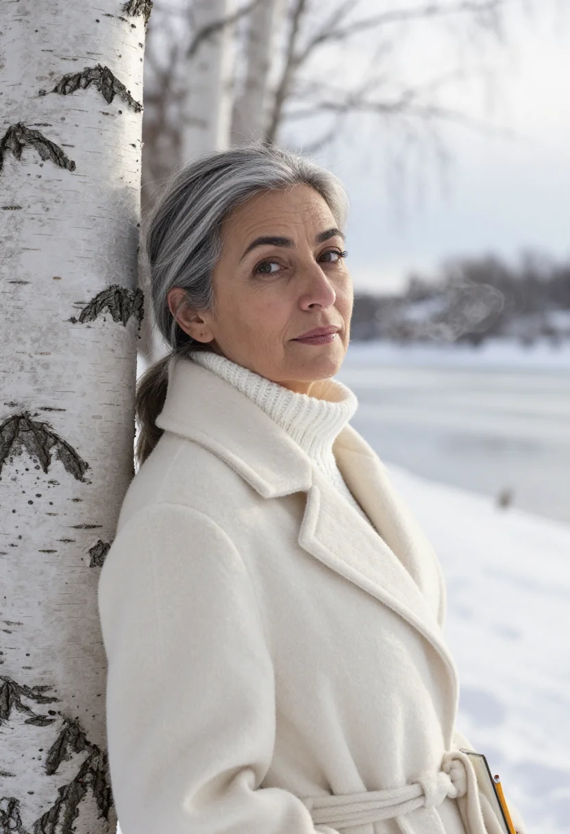 AI lise meitner kungalv snow birch sample — portrait of a woman, framed tight, head and shoulders, the b