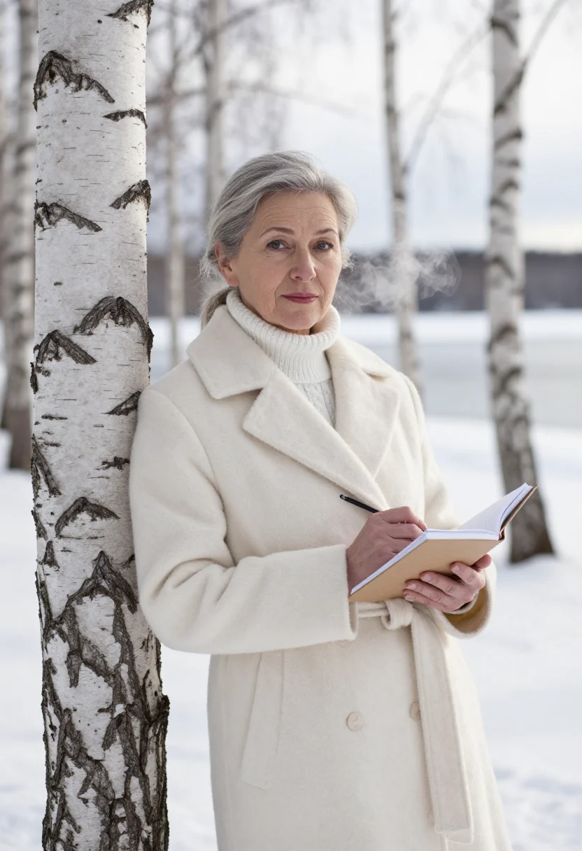 AI lise meitner kungalv snow birch sample — portrait of a woman, framed half-length from the waist up, t