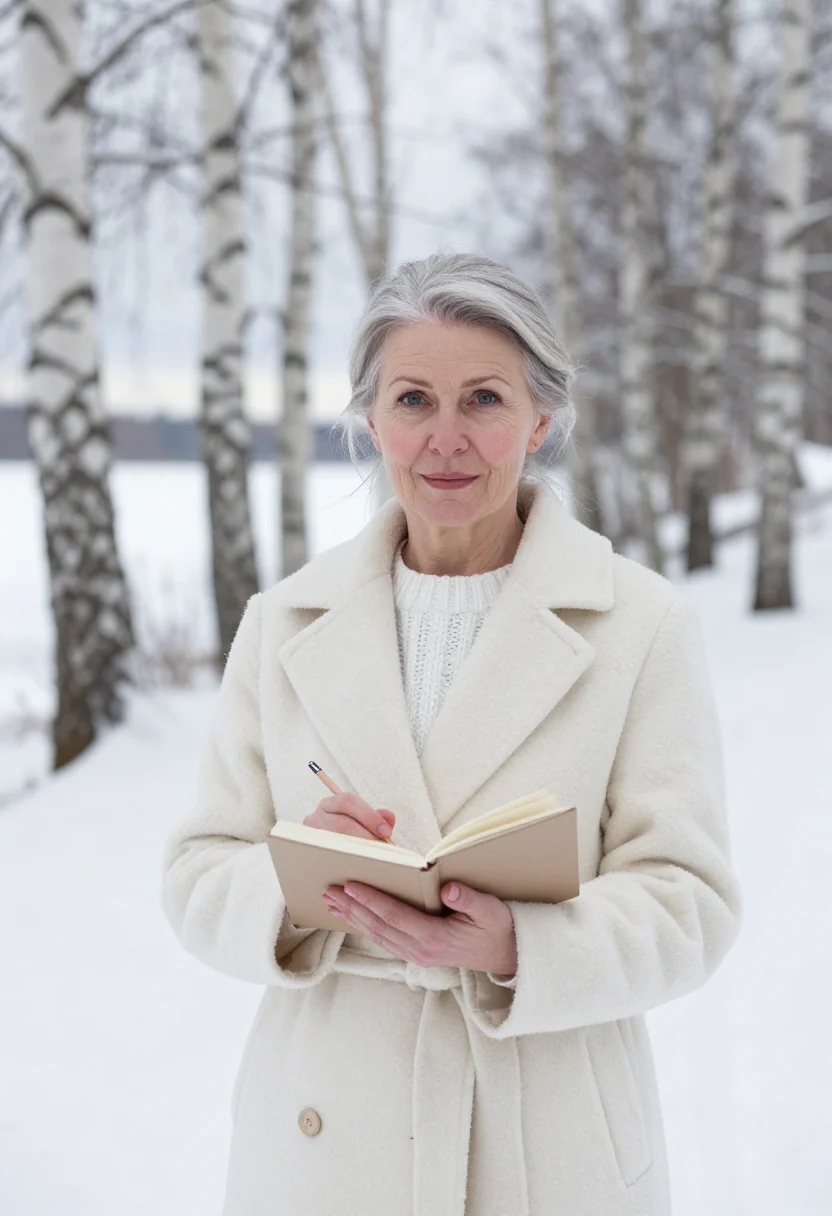AI lise meitner kungalv snow birch sample — portrait of a woman, framed chest-up from the breastbone, th