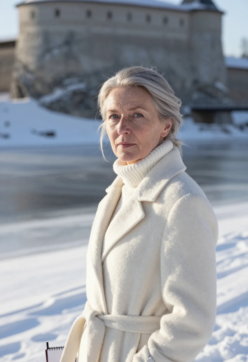 AI lise meitner kungalv snow birch sample — portrait of a woman, framed tight, head and shoulders, the b