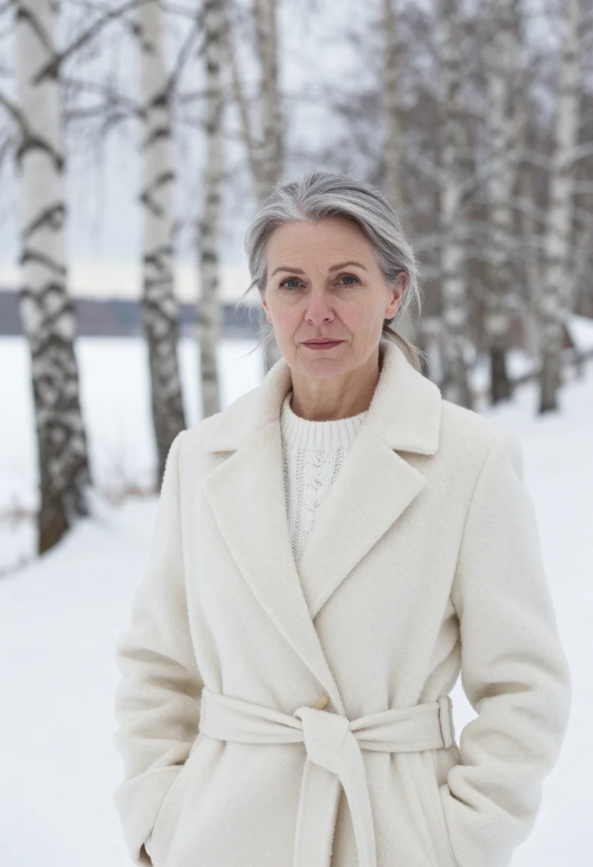 AI lise meitner kungalv snow birch sample — portrait of a woman, framed tight, head and shoulders, the b
