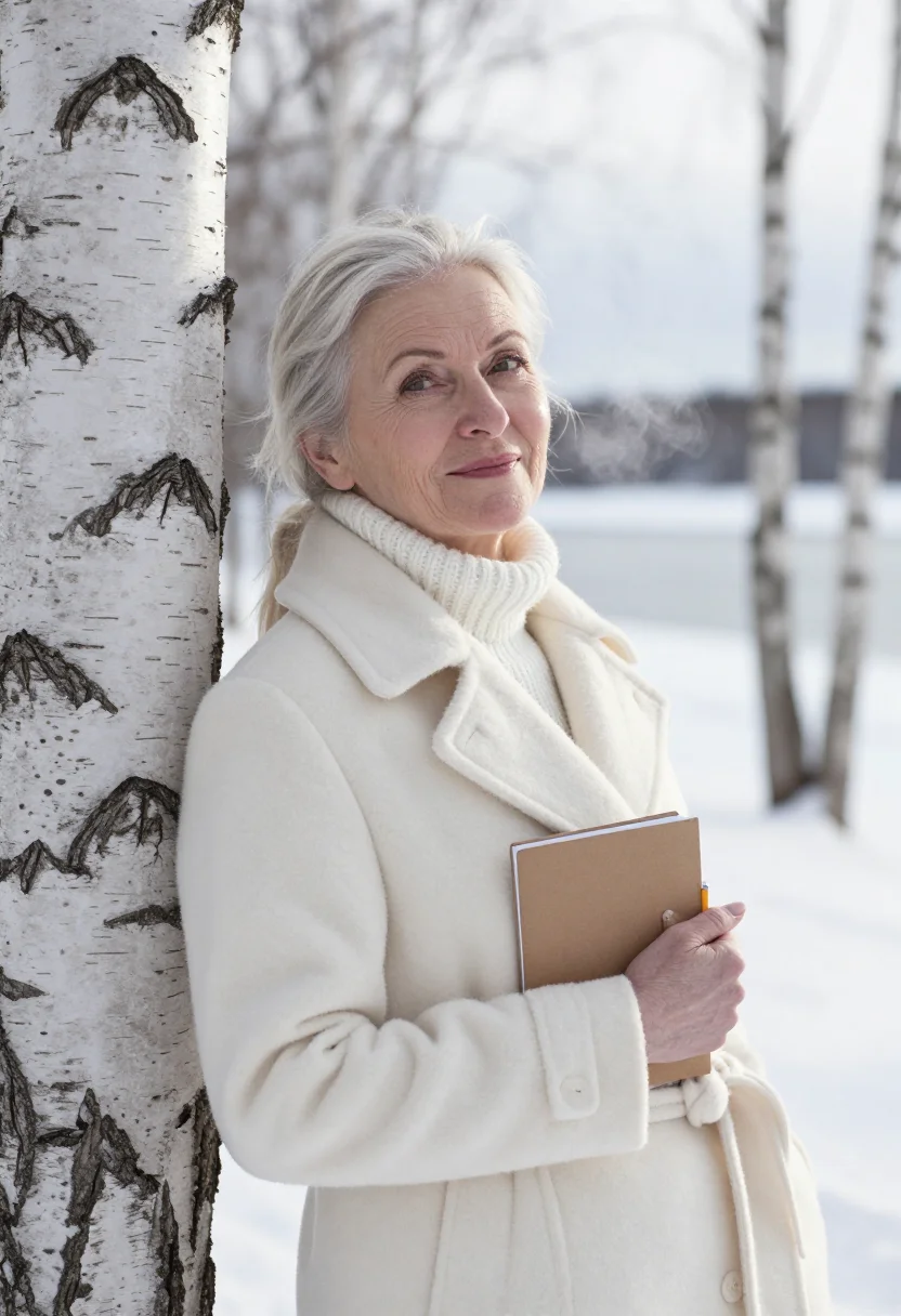 AI lise meitner kungalv snow birch sample — portrait of a woman, framed chest-up from the breastbone, th