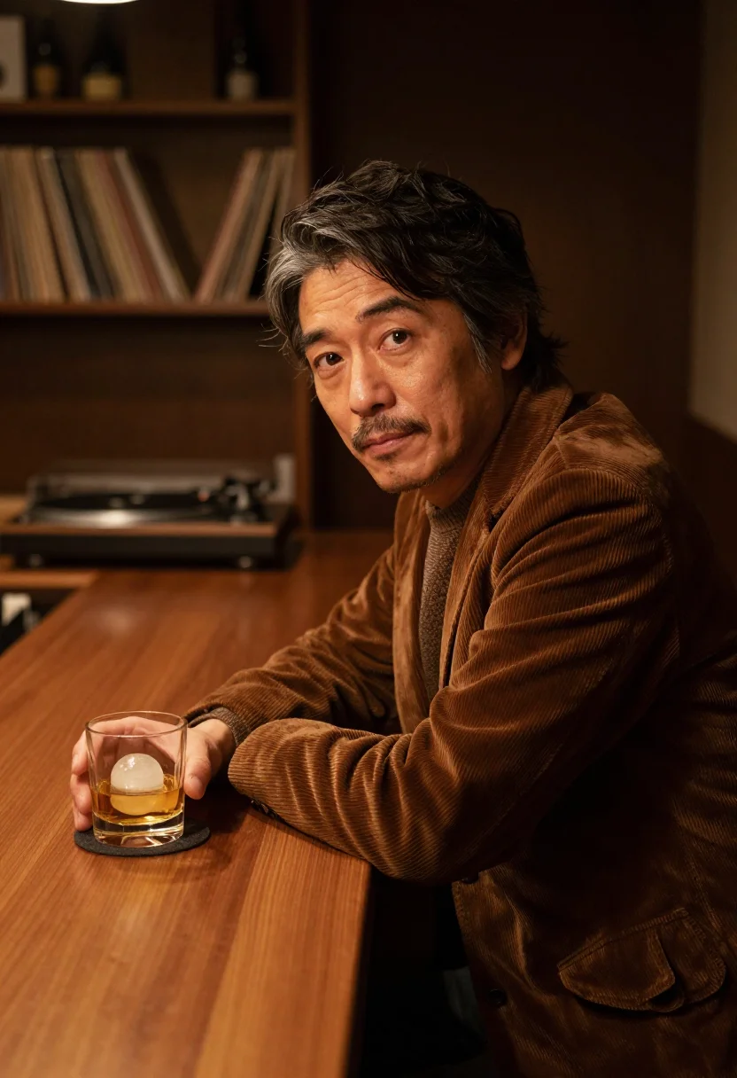 AI listening bar tokyo walnut sample — portrait of a man, framed chest-up, the crop at the ribs, th