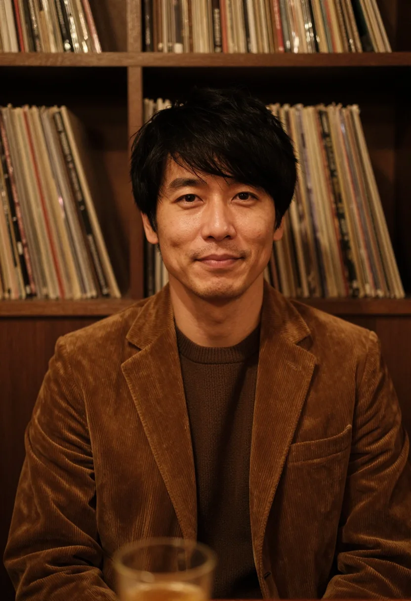 AI listening bar tokyo walnut sample — portrait of a man, framed tight, head and shoulders, the bod