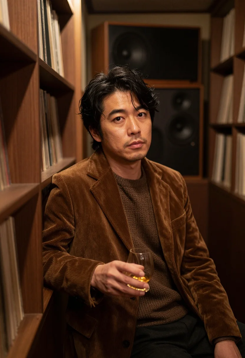 AI listening bar tokyo walnut sample — portrait of a man, framed tight, head and shoulders, the bod