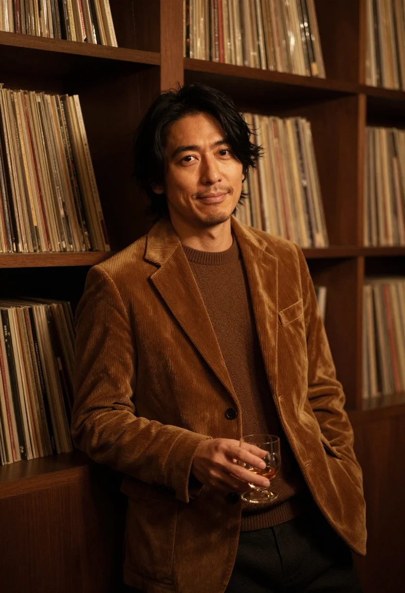 AI listening bar tokyo walnut sample — portrait of a man, framed half-length from the waist up, the