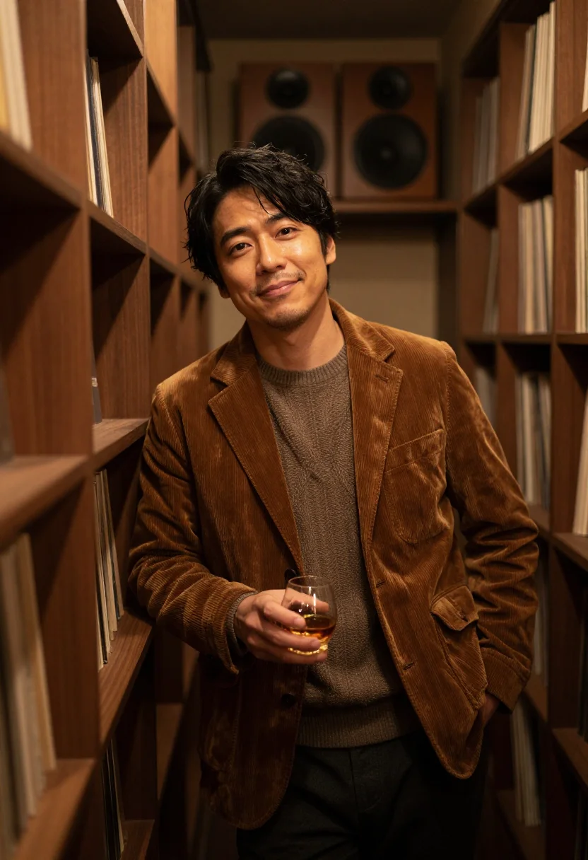 AI listening bar tokyo walnut sample — portrait of a man, framed half-length from the waist up, the
